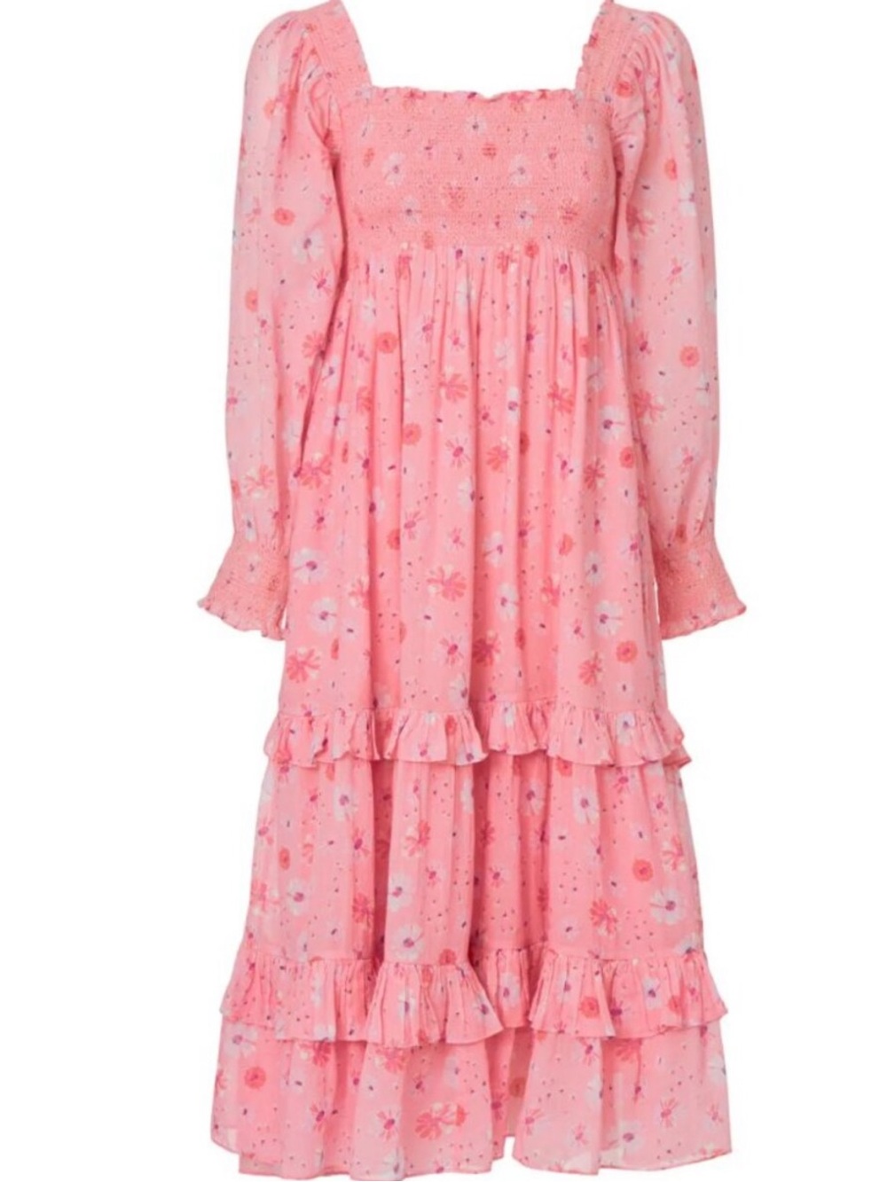 LoveShackFancy Miri Dress Coral Blaze Pink Floral Smocked Ruffled Hem Womens XL - Picture 4 of 16